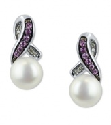 Stand out, in style. This pair of sterling silver earrings, with cultured freshwater pearls (6-1/2-7 mm), pink sapphire (1/8 ct. t.w.) and single-cut diamond accents, proves to be quite captivating. Approximate drop: 5/8 inch.