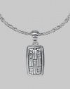 Polished silver with a military mind, crafted in a dogtag design with the look of laticework. From the Bedeg Collection Sterling silver Chain necklace 1W X 2¼L Lobster clasp Made in Bali 