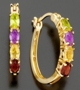 Color your look with elegance. These beautiful 14k gold earrings feature round-cut African amethyst (1/3 ct. t.w.), round-cut citrine (1/3 ct. t.w.), round-cut peridot (1/3 ct. t.w.) and round-cut garnet (1/2 ct. t.w.). Approximate drop: 1/4 inch.