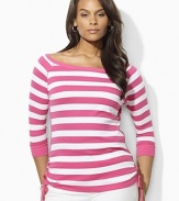 Bold stripes grace the front of a three quarter sleeve tee, crafted with an elegant ballet neckline and drawcord detailing at the hem to create chic ruching.