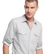 Roll up to your next casual event with this gingham patterned woven shirt from Calvin Klein.