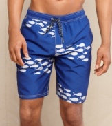 Reel in some seasonal style with these fish graphic swim trunks from Tommy Hilfiger.