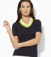 Imbued with preppy heritage, Lauren by Ralph Lauren's essential short-sleeved sweater is crafted from smooth ribbed-knit combed cotton with cricket stripes at the V-neckline for an athletic-inspired finish.