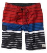 From the company that practically invented board shorts as we know and love them today: Quiksilver trunks in a 2012 pattern of highly irregular lines rendered in sport-friendly, four-way stretch fabric.