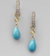 Smooth teardrops of richly hued turquoise with diamond accents are ready to hang from your favorite hoops. Diamonds, 0.03 tcw Turquoise 18k yellow gold Drop, about ¾ Spring ring clasp Imported Please note: Earrings sold separately.