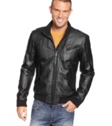 Keep it sleek. This faux leather jacket from DKNY Jeans is the ultimate cool-guy style.