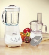 Two indispensable kitchen appliances in one, the Cuisinart food processor and blender will do all your slicing, dicing, shredding, and mixing for you. 40 oz. glass dripless pour spout jar. Ice crush button with pulse at any speed. 3-cup capacity work bowl with cover, feed tube, and pusher Stainless steel chopping blade. Reversible slicing/shredding disc. 7 speed. Style BFP-703.