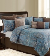 An exotic paisley print brings elegance and intrigue to the Budapest decorator set, featuring soothing tones of blue and brown. Quilted European shams, a soft coverlet and a plethora of decorative pillows embellish the look with plush polish. (Clearance)