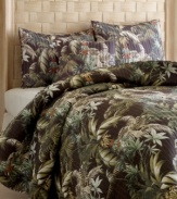 A tropical destination! A landscape of earth tone botanical patterns adorn this Tommy Bahama Home Rainforest quilt. The reverse features an exotic animal print for an alternating effect.