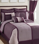 Purple reigns supreme in the Chesire comforter set, featuring everything you need to give your room a stylish makeover in minutes. This chic ensemble boasts textured ribbing on bold blocks of color for a decidedly modern allure. Accent pillows and coordinating window treatments finish the look with flair.