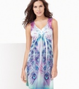 Pretty bright patterns make the One World sleeveless v-neck chemise a charming nightwear winner. Satin-like straps make this style so smooth and comfy.