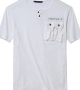 A henley from Sean John that doesn't stick to the rules. Its chest pocket: A doubled mini pocket with a button-flap closure. Its placket: two buttons instead of three. Its graphic: Not a logo, but the Roman numerals for Sean Combs's birth year 1969.