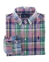 A tried-and-true button-front design is rendered in vibrant madras plaid.