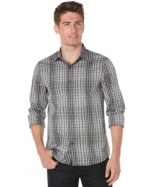 No one reads the small print–bigger is better with this large plaid shirt from Perry Ellis in a modern slim fit.