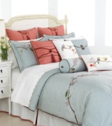 Taking inspiration from the delightful china pattern, the Chirp comforter set from Lenox charms your room with pops of color and whimsical birds. Embroidered cherry blossom branches embellish a soft blue jacquard for a refreshingly stylish appeal.