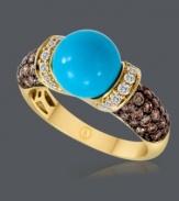 Polish your look with a delicate splash of color. This rich ring from CARLO VIANI® features a bold turquoise center stone (9 mm) surrounded by rows of white diamond (1 ct. t.w.) and natural brown diamonds (3/4 ct. t.w.) at the shoulders. Crafted in 14k gold. Size 7.