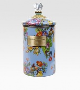 A garden-fresh lidded canister makes a cheery kitchen container or home organizer, crafted in hand-glazed and -decorated steel with bright florals, bronze hardware and a clear acrylic knob. Enameled steel 64-ounce capacity 9¾H X 5 diam. Dishwasher safe Imported 