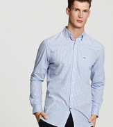 This classic fit sport shirt in a light blue mini gingham adds a playful touch to wardrobe basics.