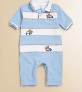 A dapper one-piece for baby in ultra-soft cotton with contrasting stripes and embroidered dumptrucks.Shirt collarShort sleevesButton frontBottom snapsCottonMachine washImported Please note: Number of buttons and snaps may vary depending on size ordered. 