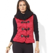 Lauren Ralph Lauren's lustrous satin quilted vest is finished with faux fur at the collar for added warmth and style.