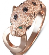 Fiercely fashionable. EFFY Collection's wild style features a panther head decorated by round-cut white diamonds (5/8 ct. t.w.), black diamond accents and emerald accents as eyes. Set in 14k rose gold.