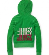 A dare-to-be vibrant zip-front hoodie from Juicy Couture with a bold JUICY triple threat logo print on back.