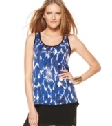 Allover transparent sequins add high shine to this printed Vince Camuto top for a glam global-inspired look!