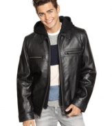 Ride into the weekend in sleek, rugged style when you zip up in this luxuriously soft leather jacket from Guess.