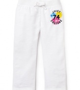 Supersoft cotton terry drawstring pants from Juicy Couture featuring a vibrant logo and floral print.