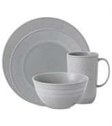 Effortlessly chic, the Simplicity place setting by Vera Wang Wedgwood combines three linear patterns in casual porcelain. A neutral cream and gray palette adorns modern silhouettes to enhance any setting.