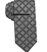 The regimented grid pattern of this Alfani silk tie adds unexpected flair to your evening-ready attire.