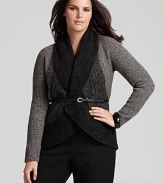 Shades of gray compose this Eileen Fisher cardigan, knit with a shawl collar and rounded hem. Keep it simple and wear it open, or for a more shaped silhouette, cinch it with a favorite belt from your own collection.