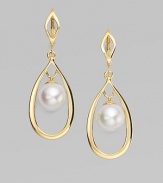 A round pearl dangles from a pretty 18k goldplated teardrop frame. 10mm round white organic man-made pearl 18k goldplated sterling silver Drop, about 1½ Ear wire Imported 