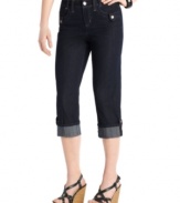 Cool button tabs add a new look to Style&co.'s denim capris. Cute cuffs and tummy control give them extra appeal!