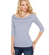 A classic striped boatneck top in a stretchy fabric blend is a flattering classic, from Calvin Klein Jeans. Pair it with jeans or black pants for nautical-inspired style!