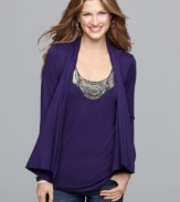 Layers without effort, from Cha Cha Vente. The coordinating cardigan and shell are actually all one piece!