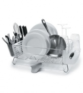 Put every dish in its place with this stainless steel drying rack from OXO. With plenty of room for all of your dishes, and a flexible drain spout that directs water directly into the sink, you'll find kitchen cleanup easier than ever. When the dishes are put away, just fold up the side walls for easy storage anywhere. Limited lifetime warranty.