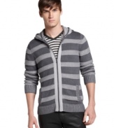 In a sporty, zip-up style, this Bar III hooded sweater is the perfect way to top off a casual look.