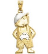 This sweet little boy will brighten your day. Crafted in 14k gold and sterling silver, this cute design features a little boy wearing a hat and overalls accented by a car. Chain not included. Approximate length: 1-1/5 inches. Approximate width: 1/2 inch.