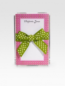 Fun little memo notes are perfect for quick notes and reminders...stick them in briefcases, purses or backpacks! Includes 200 notes Arrives in Lucite holder wrapped in grosgrain ribbon 4 X 6½ notes Made in USAFOR PERSONALIZATIONSelect a color and quantity, then scroll down and click on PERSONALIZE & ADD TO BAG to choose and preview your monogramming options.