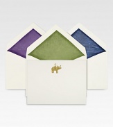 A hand-engraved, metallic silver elephant motif adorns these luxe 2-ply vellum stock notecards, which are accompanied by tissue-lined envelopes in three different colors, and presented in a Mrs. John L. Strong signature brown box.Set of 12About 4.5 X 6Hand-engravedMade in USA