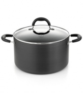 Crafted for your convenience. A hard-anodized aluminum stock pot features a superior nonstick finish that promotes healthier cooking, a fast, even heat-up and a quick clean-up. The tempered glass lid with steam vent locks in flavor and moisture for incredibly tender meals. Limited lifetime warranty.