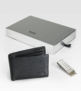 Give a gift full of style and sophistication with this set consisting of a pebbled leather wallet and money clip with logo detail, presented in an elegant gift box. LeatherOne billfold compartmentID, three credit card slotsWallet: 4¼W x 3¼HMetalMoney Clip: ¾W x 2½HImported 