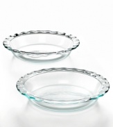 Do a double bake! Packed the Pyrex promise of professional performance, this set of 2 pie dishes lets you bake more. The durable glass constructions move effortlessly from refrigerator to oven to microwave to freezer to dishwasher, so you can prep, present & store, all in the same spot. 2-year limited warranty on bakeware; 1-year limited warranty on plastic covers.