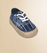 This bright plaid design has a lace-up look but slips on with ease, plus rustic espadrille-look trim.Cotton canvas upperFaux lace-up front with elastic lacesLeather liningLeather sole with jute trimImported