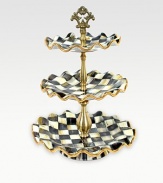 A beautifully handcrafted, tiered ceramic stand in a checkerboard juxtaposition of ivory and onyx with gold luster. The perfect addition to a buffet or party is fired three times for added strength to last a lifetime. Hand-painted and -glazed 15 high Fluted plates, 7½, 9, 11 diam. Hand wash Made in USA 