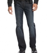 So long boring blues, these relaxed fit Marc Ecko Cut & Sew jeans boast a dark wash and stylish faux leather details.