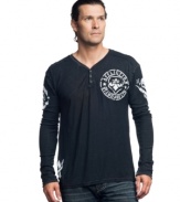 Is great fall style on your radar? It will be wearing this v-neck long sleeve t-shirt with graphic from Affliction.