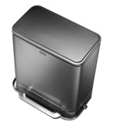 Maintain your kitchen's clean, modern lines with simplehuman's fingerprint-proof trash can. The rectangular shape fits unobtrusively in the corner, while advanced lidshox(tm) technology uses air suspension shocks to control the lid for a slow, quiet close. 10-year warranty.