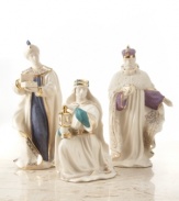 The three kings of the nativity story will make a graceful addition to your mantel or end table this holiday season, in fine ivory china with hand-painted enamel and 24-karat gold accents. Balthazar: measures 8-1/2 high. Melchior: measures 5-1/2 high. Gaspar: measures 8-1/4 high.